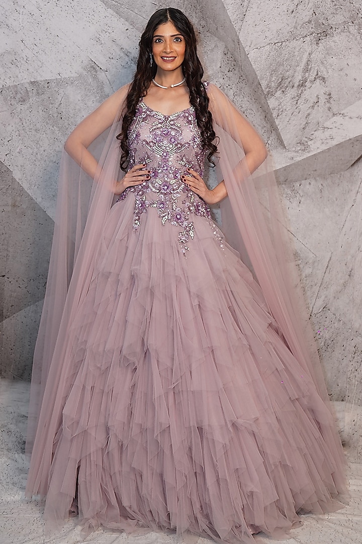 Lavender Net Cutdana Bead Embellished Ruffle Gown by Archana Kochhar at Pernia's Pop Up Shop