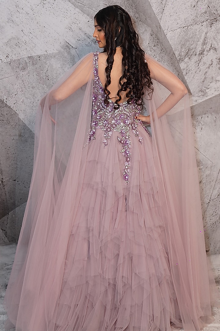 Lavender Net Cutdana Bead Embellished Ruffle Wedding Gown by Archana Kochhar at Pernia's Pop Up Shop