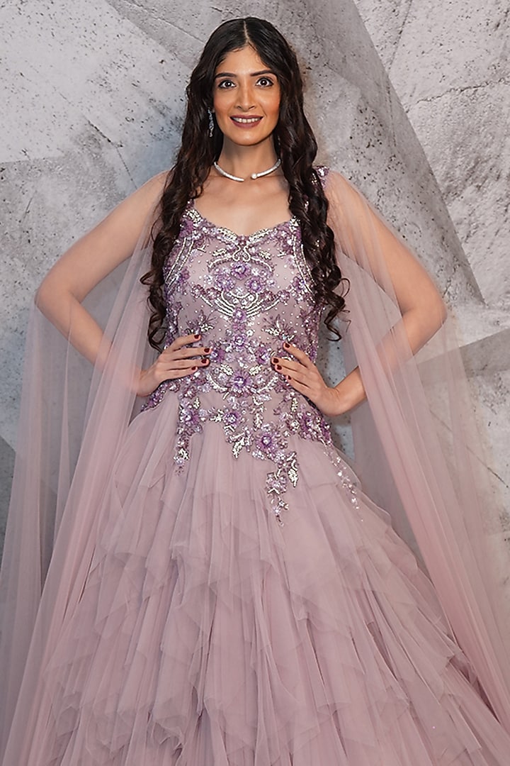 Lavender Net Cutdana Bead Embellished Ruffle Wedding Gown by Archana Kochhar at Pernia's Pop Up Shop