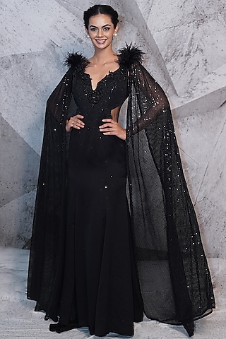 Black Lycra & Stretchable Net Sequins Embellished Gown by Archana Kochhar
