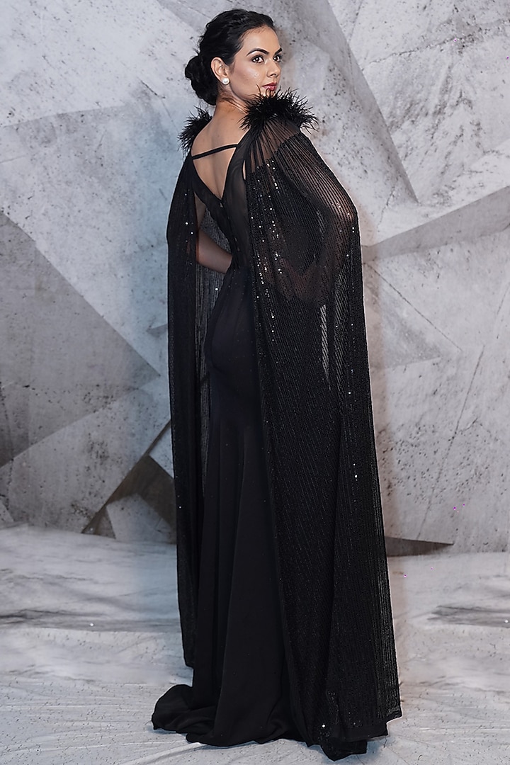 Black Lycra & Stretchable Net Sequins Embellished Engagement Gown by Archana Kochhar at Pernia's Pop Up Shop