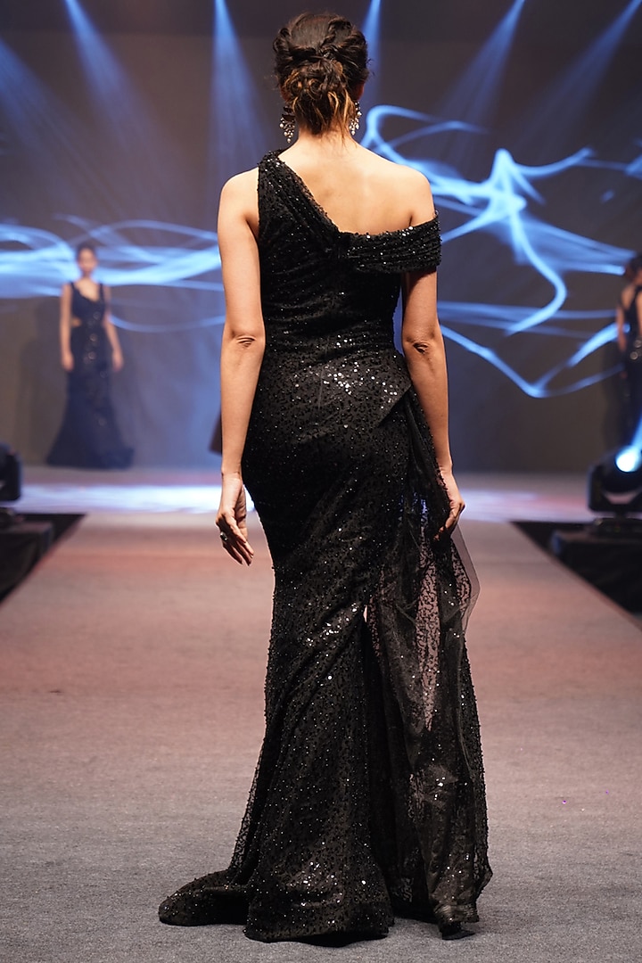 Black Net Sequins Embroidered Off-Shoulder Engagement Gown by Archana Kochhar at Pernia's Pop Up Shop