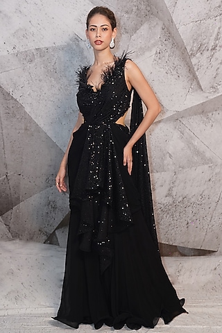 Black Georgette & Sequins Georgette Cutdana Bead Embellished Gown Saree by Archana Kochhar