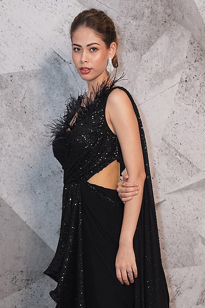 Black Georgette & Sequins Georgette Cutdana Bead Embellished Reception Gown Saree by Archana Kochhar at Pernia's Pop Up Shop