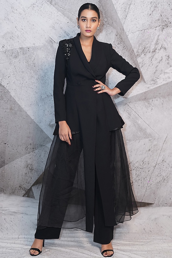 Black Italian Suiting & Net Beads Embellished Co-Ord Set by Archana Kochhar at Pernia's Pop Up Shop
