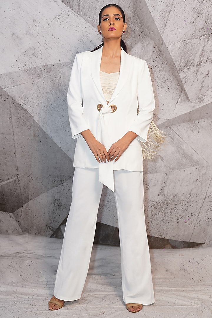Ivory Italian Suiting Tassel Embroidered Blazer Set by Archana Kochhar at Pernia's Pop Up Shop