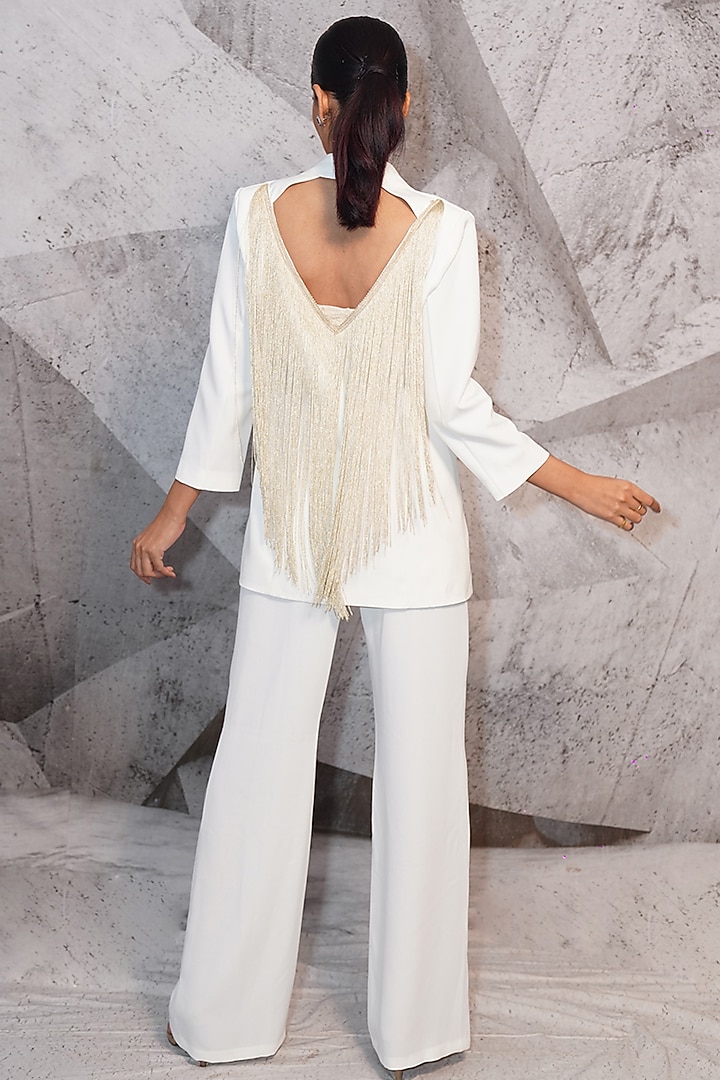 Ivory Italian Suiting Tassel Embroidered Blazer Set by Archana Kochhar at Pernia's Pop Up Shop