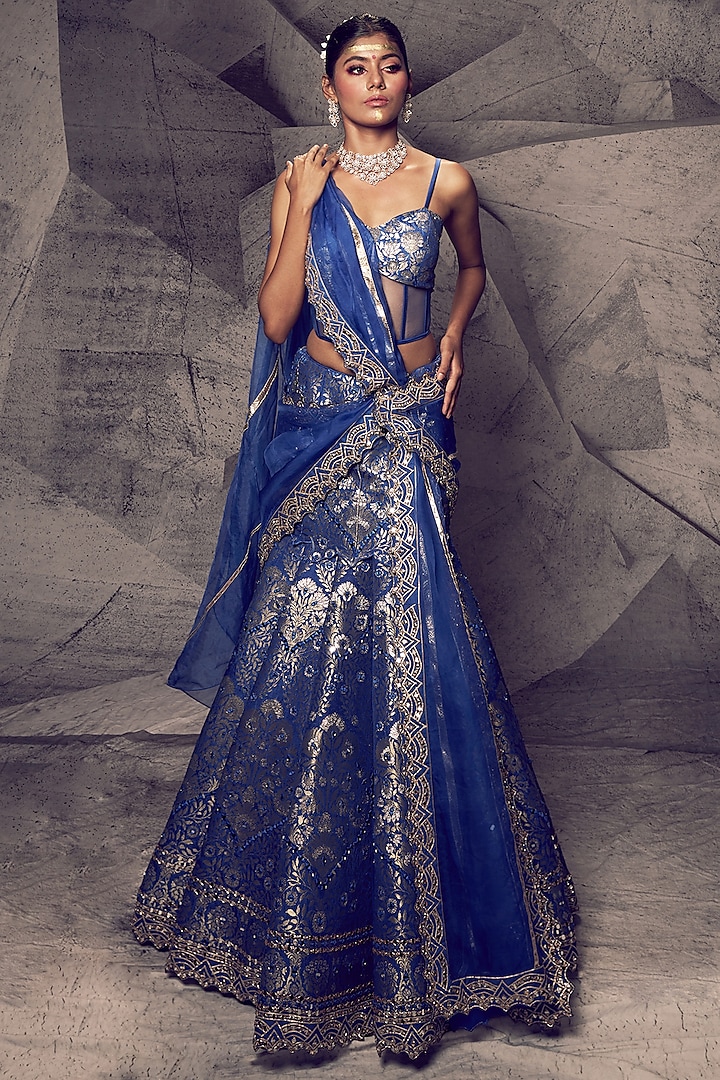 Blue Brocade Gota Thread Work Wedding Lehenga Set by Archana Kochhar at Pernia's Pop Up Shop