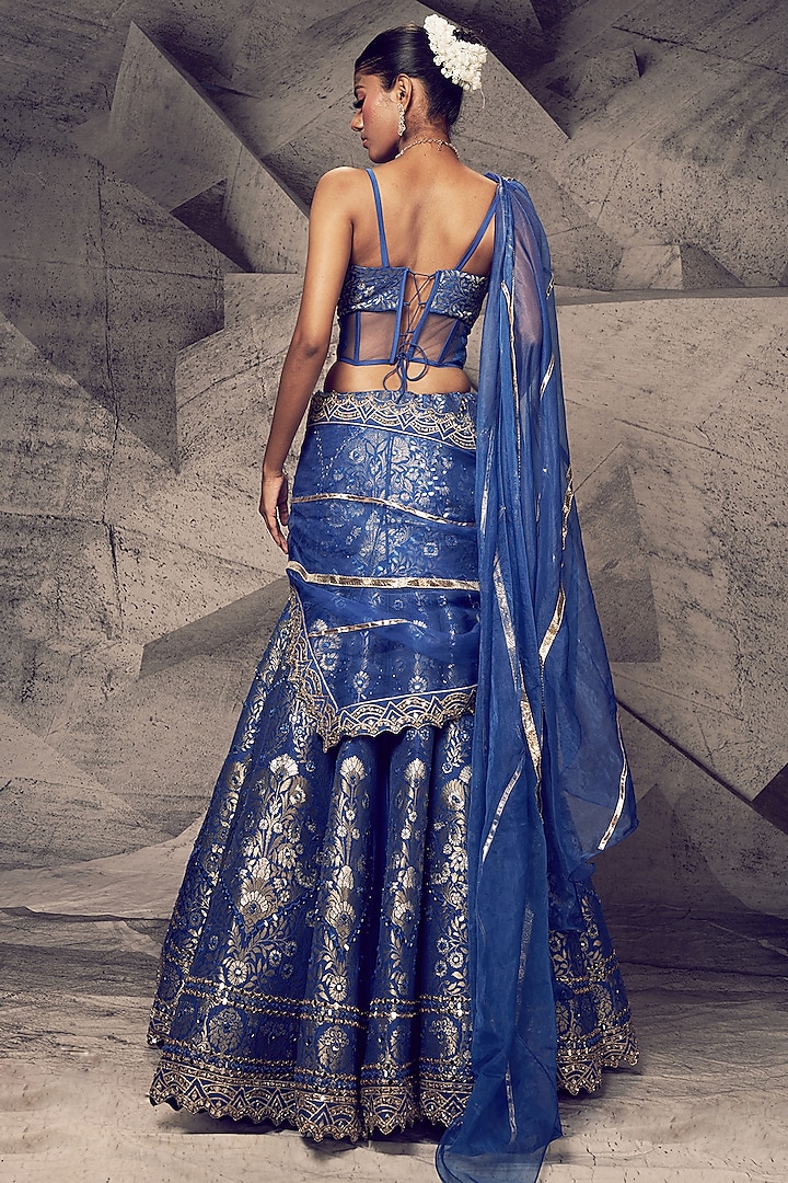 Blue Brocade Gota Thread Work Wedding Lehenga Set by Archana Kochhar at Pernia's Pop Up Shop