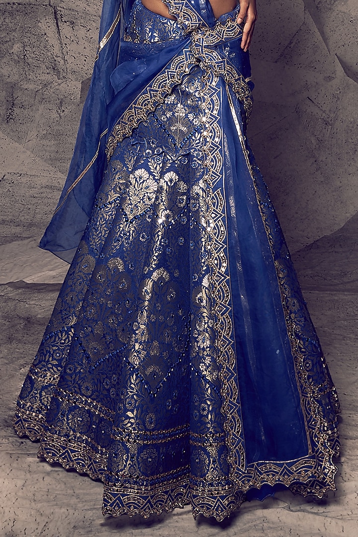 Blue Brocade Gota Thread Work Wedding Lehenga Set by Archana Kochhar at Pernia's Pop Up Shop