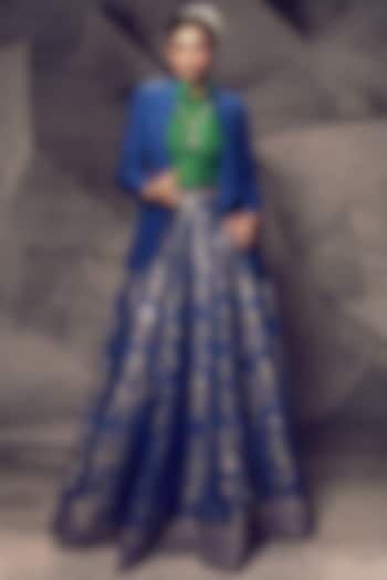 Blue Brocade Gota Embroidered Jacket Lehenga Set by Archana Kochhar