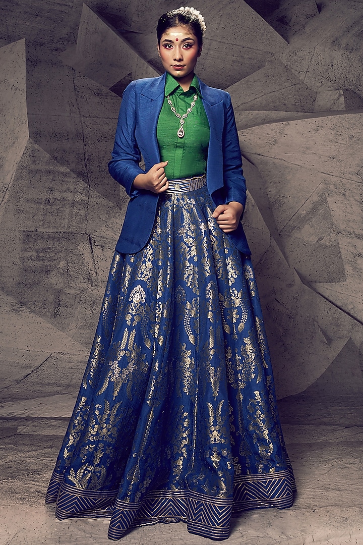 Blue Brocade Gota Embroidered Jacket Lehenga Set by Archana Kochhar