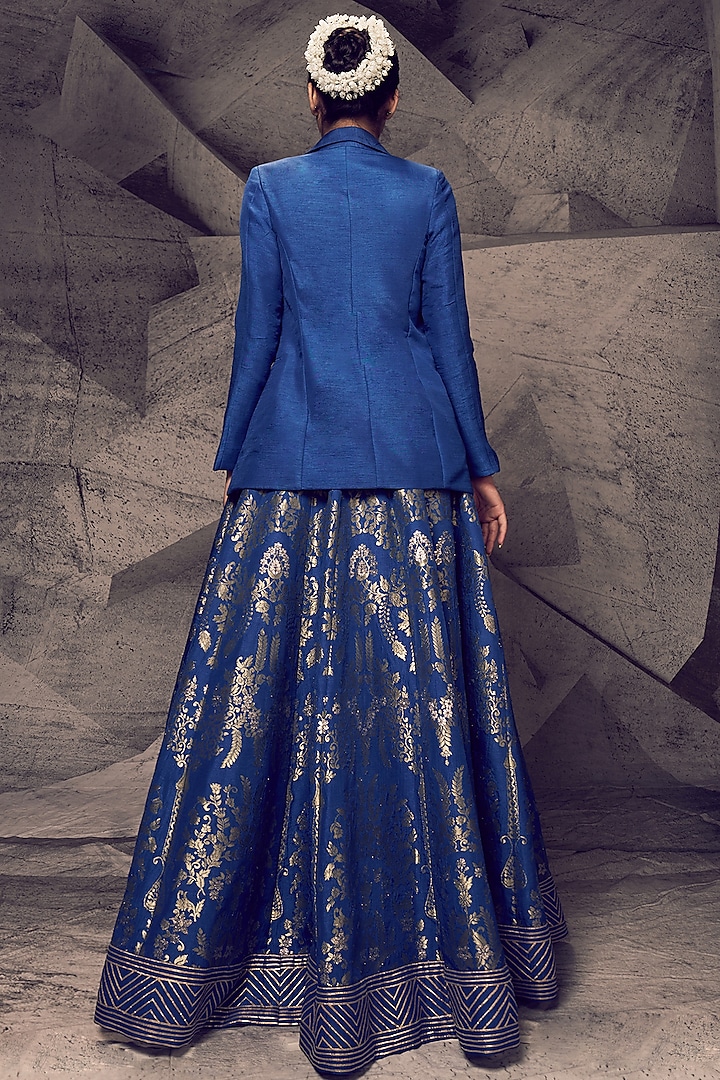 Blue Brocade Gota Embroidered Jacket Wedding Lehenga Set by Archana Kochhar at Pernia's Pop Up Shop