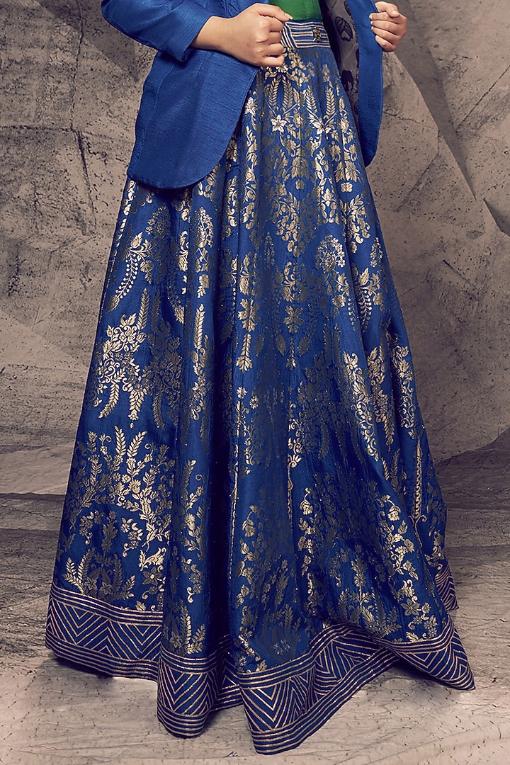 Blue Brocade Gota Embroidered Jacket Wedding Lehenga Set by Archana Kochhar at Pernia's Pop Up Shop