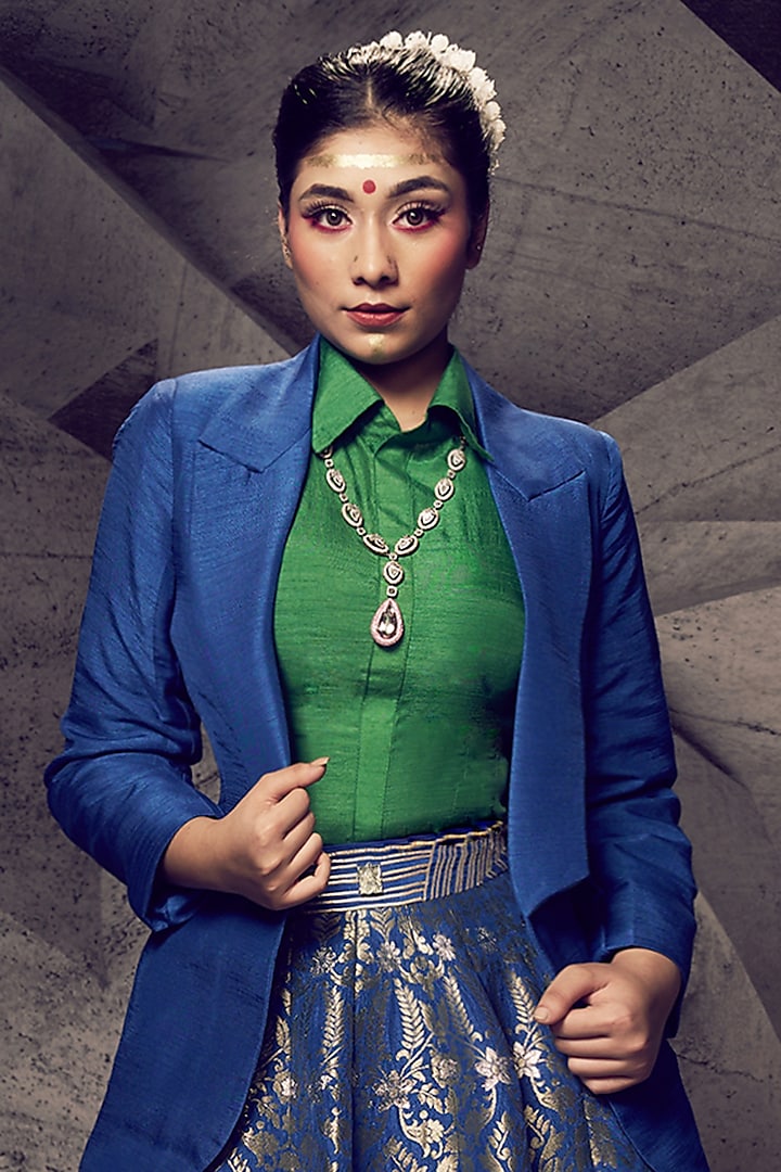 Blue Brocade Gota Embroidered Jacket Wedding Lehenga Set by Archana Kochhar at Pernia's Pop Up Shop