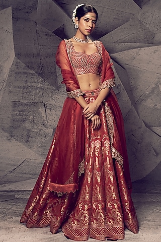 Rust Brocade Gota Embroidered Lehenga Set by Archana Kochhar
