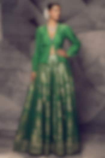 Green Brocade Gota Embroidered Jacket Wedding Lehenga Set by Archana Kochhar at Pernia's Pop Up Shop