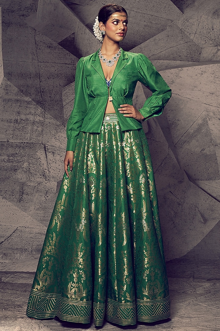 Green Brocade Gota Embroidered Jacket Wedding Lehenga Set by Archana Kochhar at Pernia's Pop Up Shop