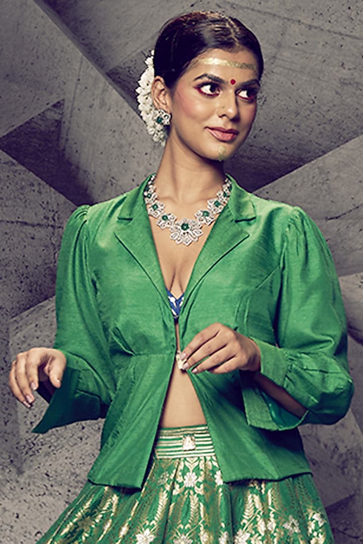 Green Brocade Gota Embroidered Jacket Wedding Lehenga Set by Archana Kochhar at Pernia's Pop Up Shop