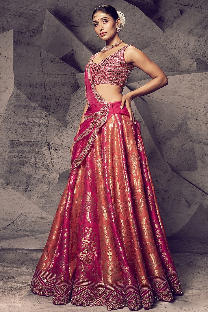 Rani Pink Brocade Gota Embroidered Wedding Lehenga Set by Archana Kochhar at Pernia's Pop Up Shop