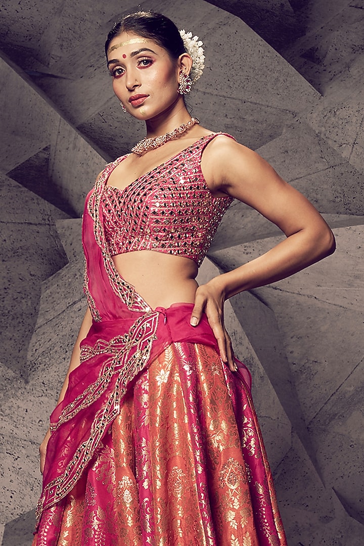 Rani Pink Brocade Gota Embroidered Wedding Lehenga Set by Archana Kochhar at Pernia's Pop Up Shop