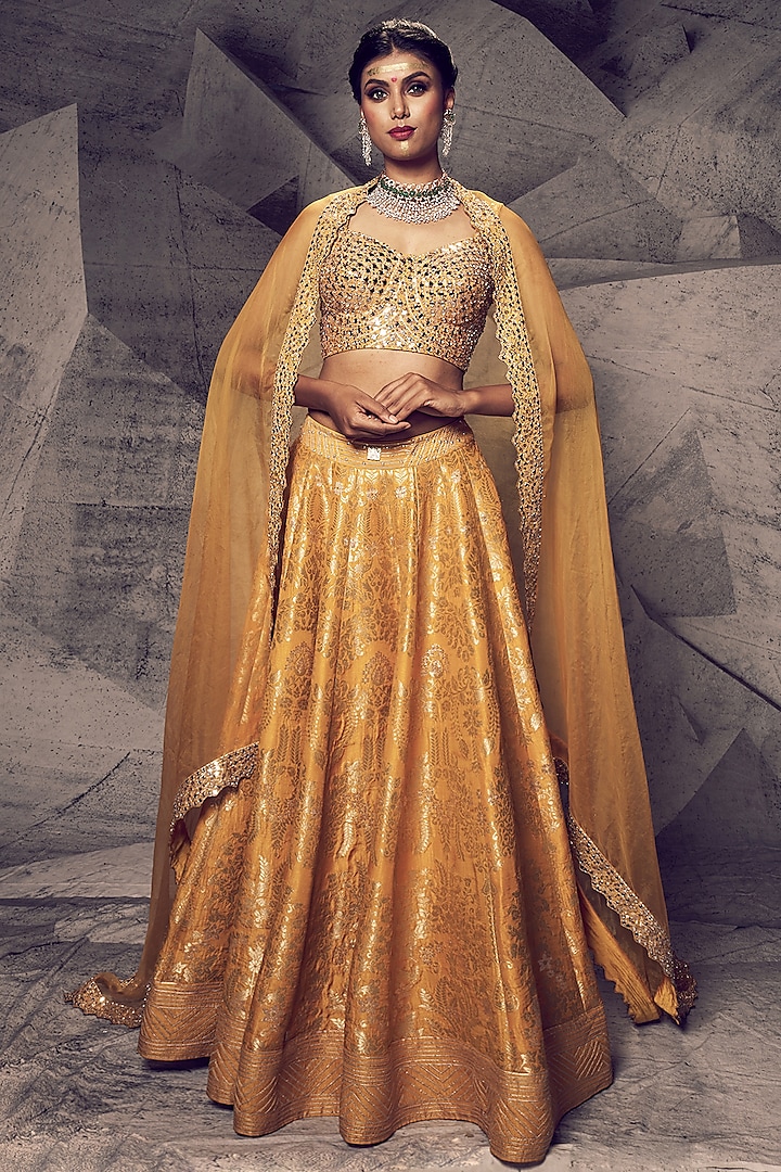 Marigold Brocade Gota Embroidered Wedding Lehenga Set by Archana Kochhar at Pernia's Pop Up Shop