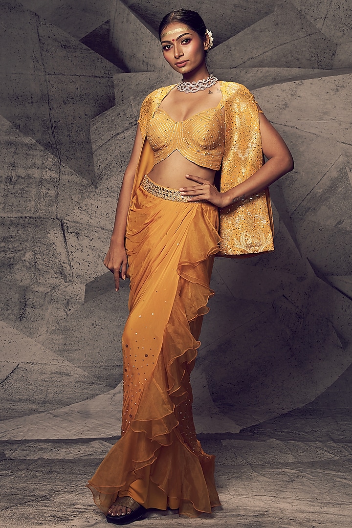 Marigold Flat Chiffon Mirror & Gota Thread Embroidered Dhoti Set by Archana Kochhar at Pernia's Pop Up Shop