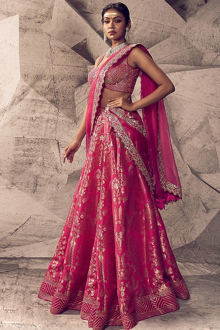 Rani Pink Brocade Gota Thread Embroidered Wedding Lehenga Set by Archana Kochhar at Pernia's Pop Up Shop