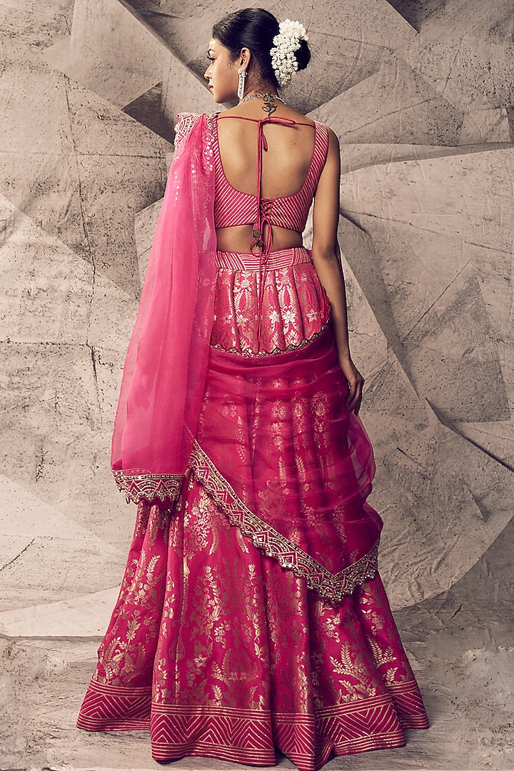 Rich Brocade Gold And Pink Netted Unique Lehenga Set main image 0