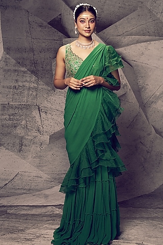 Green Georgette & Organza Ruffled Sharara Saree Set by Archana Kochhar