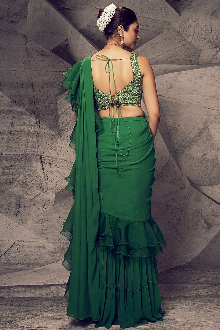 Green Georgette & Organza Ruffled Sharara Wedding Saree Set by Archana Kochhar at Pernia's Pop Up Shop