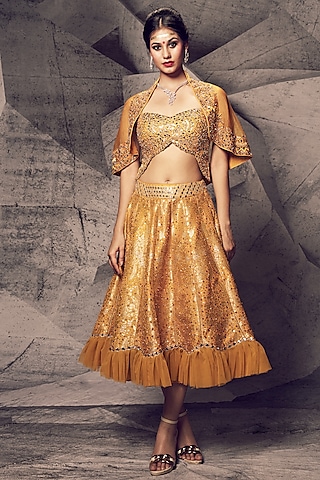 Marigold Silk & Organza Gota Thread Embroidered Jacket Lehenga Set by Archana Kochhar