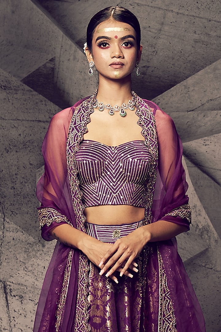 Purple Silk Gota Thread Embroidered Wedding Lehenga Set by Archana Kochhar at Pernia's Pop Up Shop