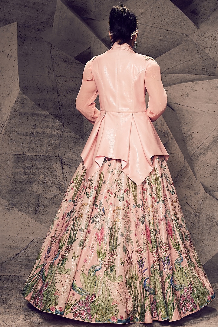 Pastel Pink Georgette Sequins Embroidered Jacket Wedding Lehenga Set by Archana Kochhar at Pernia's Pop Up Shop