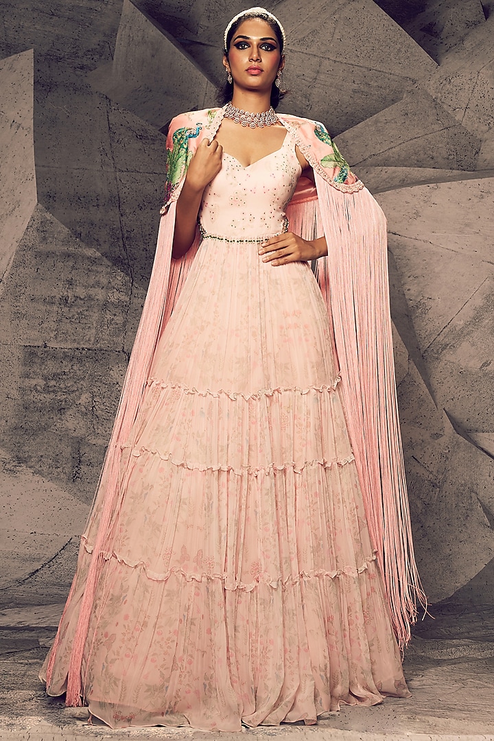 Pastel Pink Georgette Embroidered Anarkali With Cape by Archana Kochhar