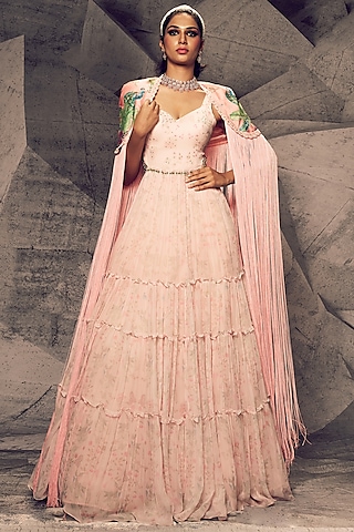 Pastel Pink Georgette Embroidered Anarkali With Cape by Archana Kochhar
