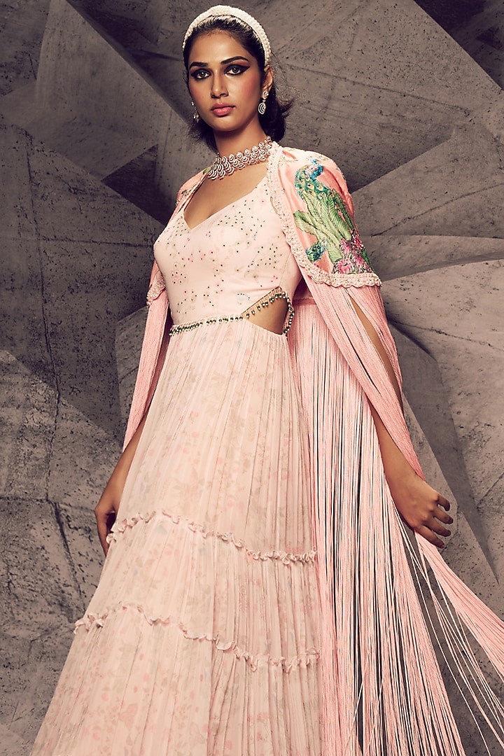 Pastel Pink Georgette Embroidered Wedding Anarkali With Cape by Archana Kochhar at Pernia's Pop Up Shop
