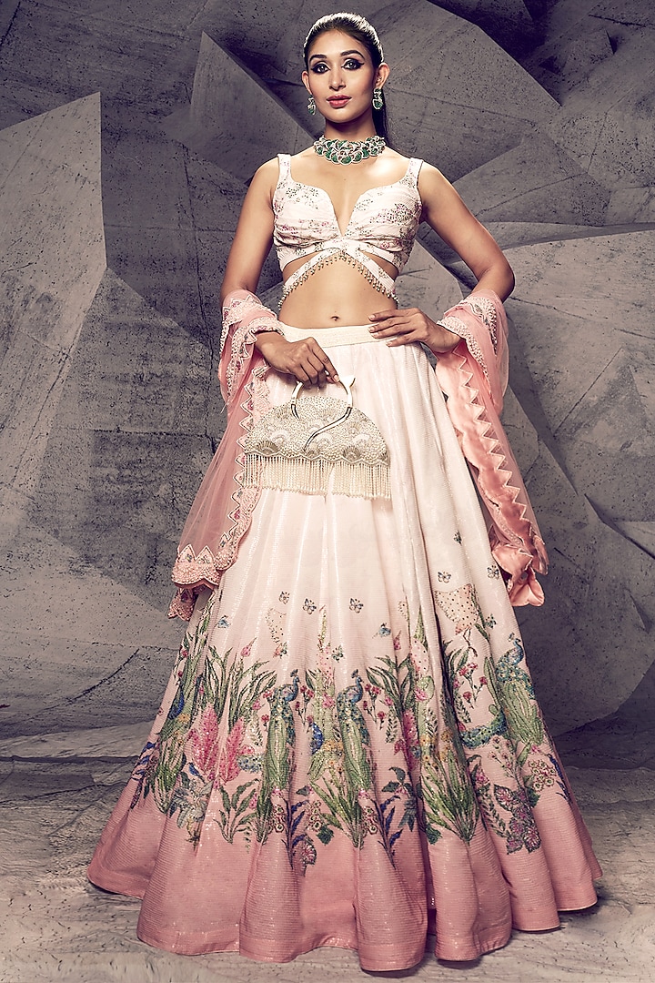 Pastel Pink Georgette Sequins Embroidered Wedding Lehenga Set by Archana Kochhar at Pernia's Pop Up Shop