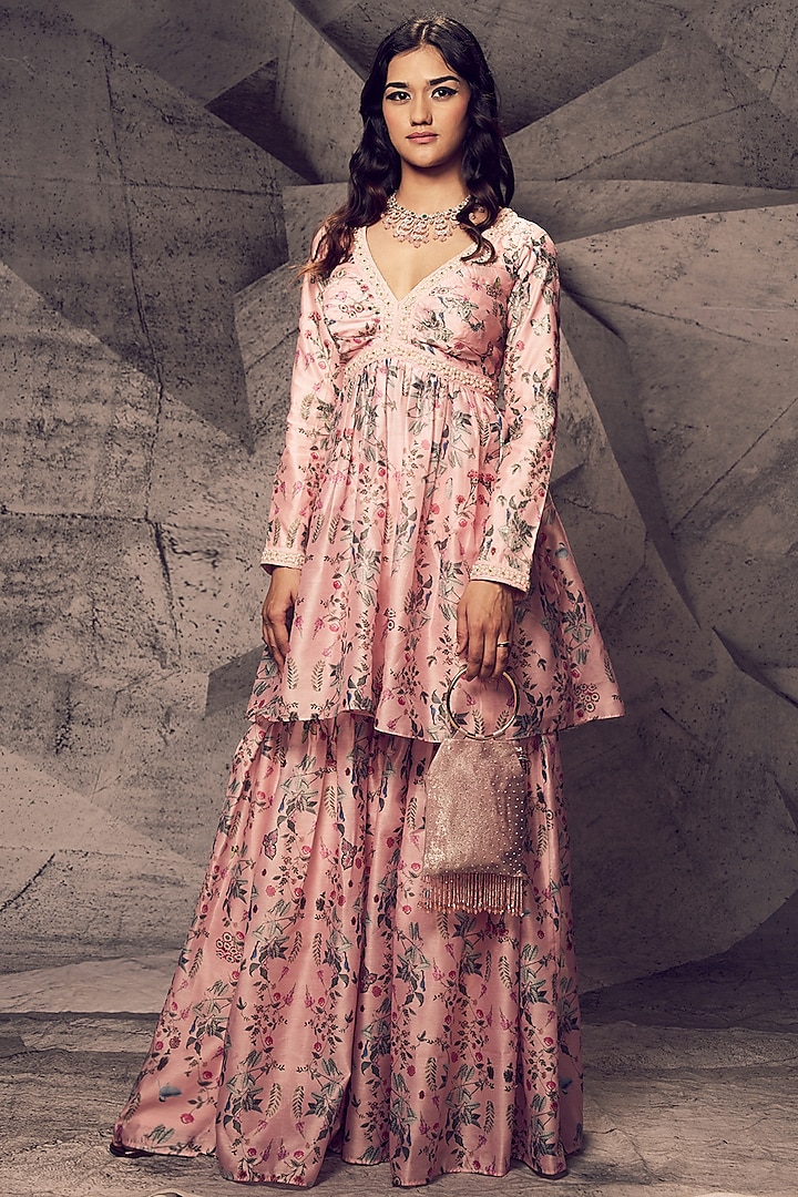 Pastel Pink Raw Silk Wedding Sharara Set by Archana Kochhar at Pernia's Pop Up Shop