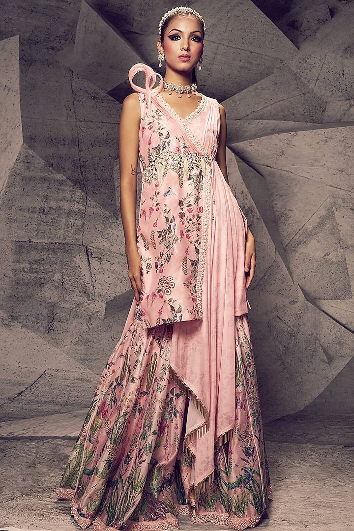 Pastel Pink Raw Silk Embroidered Wedding Sharara Set by Archana Kochhar at Pernia's Pop Up Shop