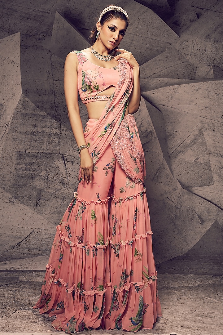 Pastel Pink Georgette Embroidered Sharara Wedding Saree Set by Archana Kochhar at Pernia's Pop Up Shop