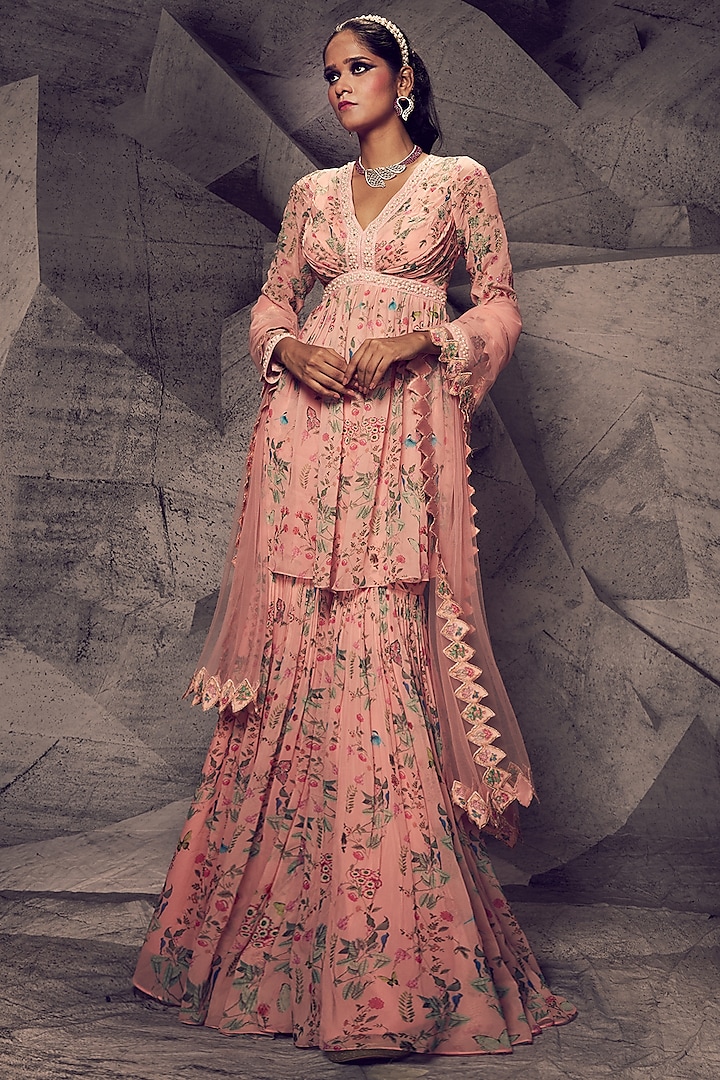 Pastel Pink Georgette Floral Wedding Sharara Set by Archana Kochhar at Pernia's Pop Up Shop