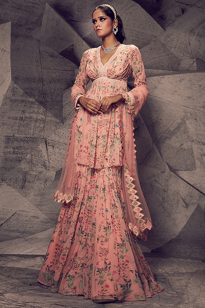 Pastel Pink Georgette Floral Sharara Set by Archana Kochhar