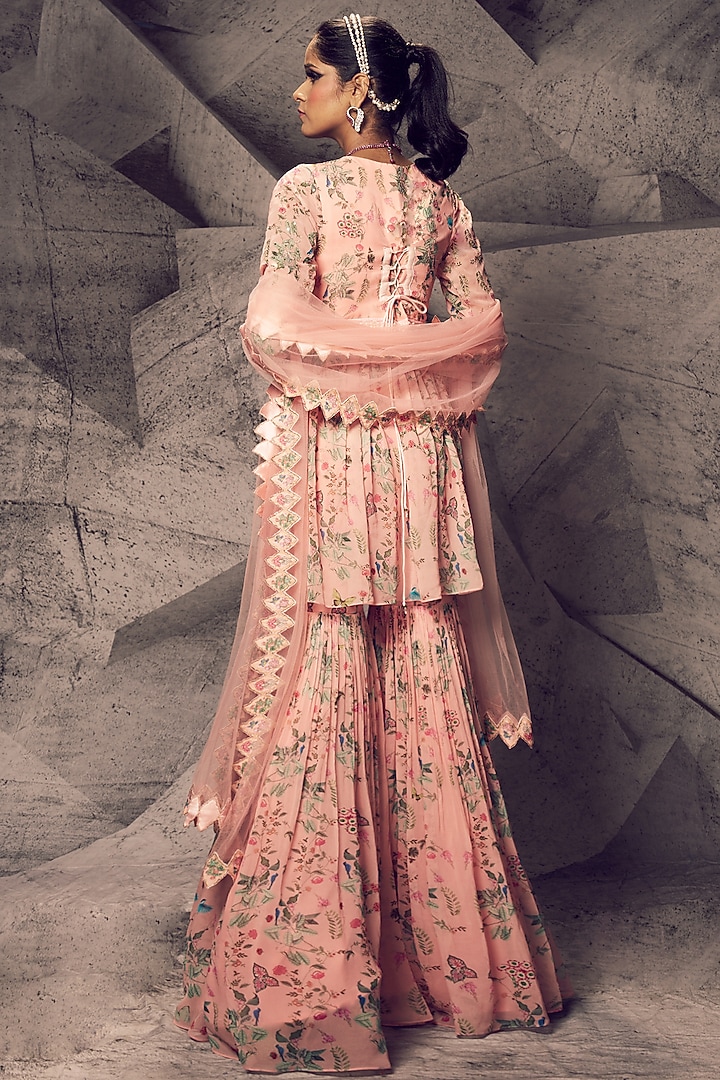 Pastel Pink Georgette Floral Wedding Sharara Set by Archana Kochhar at Pernia's Pop Up Shop