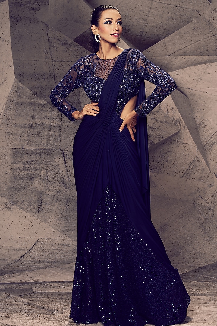 Blue Georgette & Lycra Embroidered Draped Gown Saree Design by Archana ...