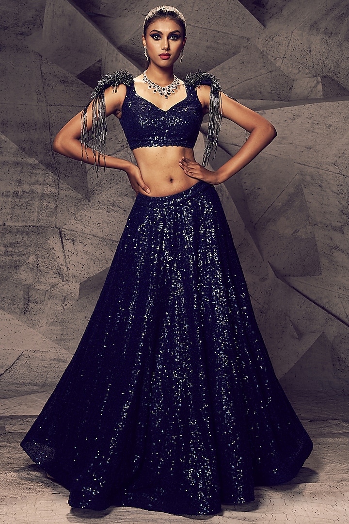 Blue Georgette Sequins Embroidered Wedding Lehenga Set by Archana Kochhar at Pernia's Pop Up Shop
