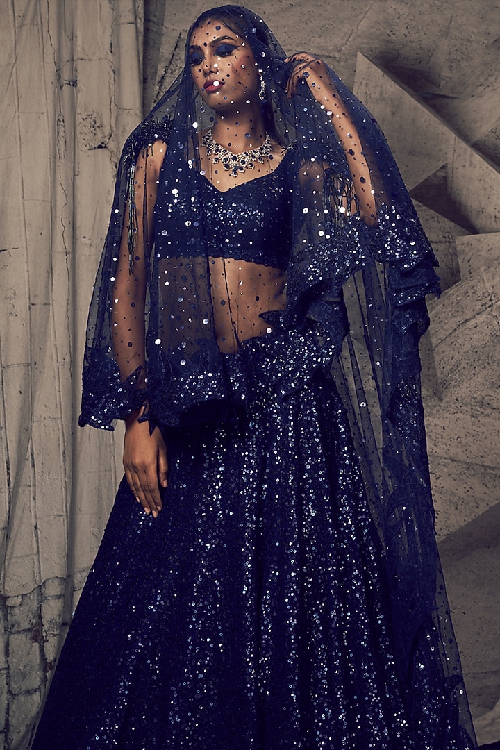 Blue Georgette Sequins Embroidered Wedding Lehenga Set by Archana Kochhar at Pernia's Pop Up Shop
