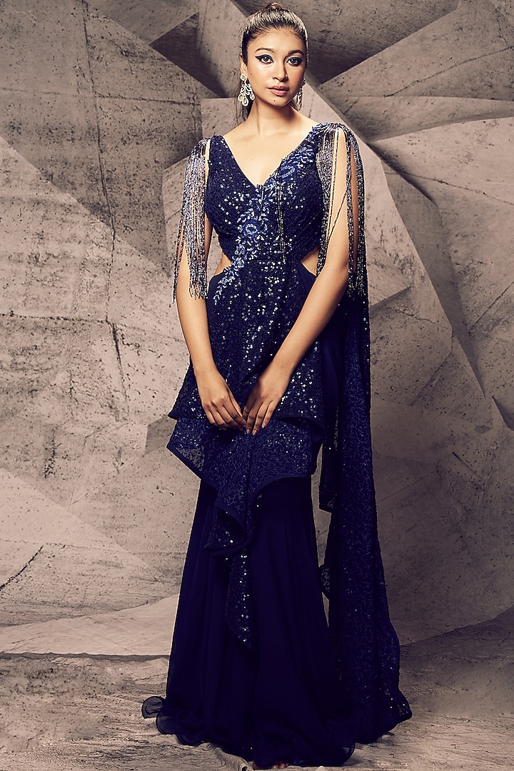 Blue Georgette Sequins Embroidered Gown Saree by Archana Kochhar