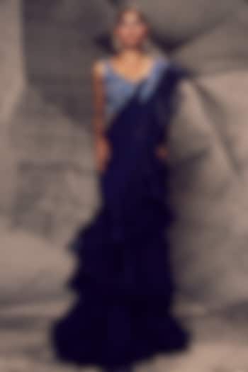 Blue Georgette Sequins Embroidered Ruffled Wedding Saree Set by Archana Kochhar at Pernia's Pop Up Shop