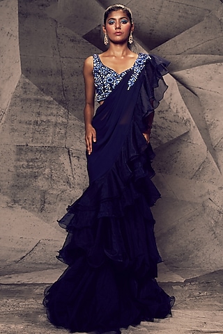 Blue Georgette Sequins Embroidered Ruffled Saree Set by Archana Kochhar